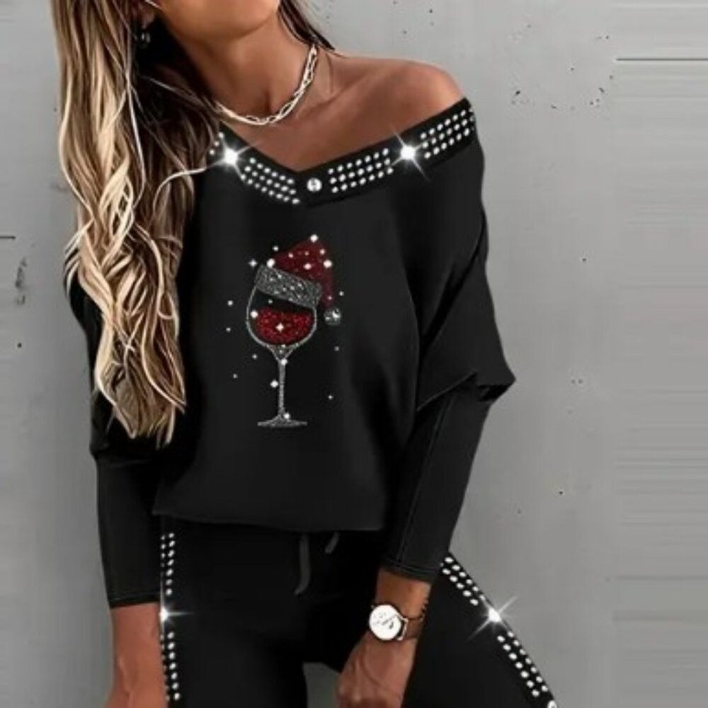 NEW YEAR Off-Shoulder Rhinestone top tunic